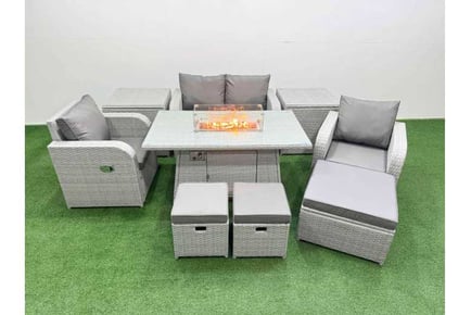 High Back 7-Seater Garden Firepit Set with Reclining Chair