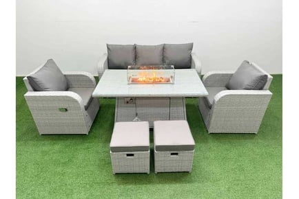 Rattan 6 Pieces Lounge Dining Set with Firepit & Arc Arm Sofa