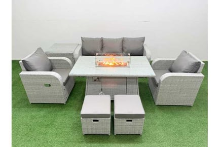 Rattan 7 Pieces Lounge Dining Set with Firepit & Arc Arm Sofa