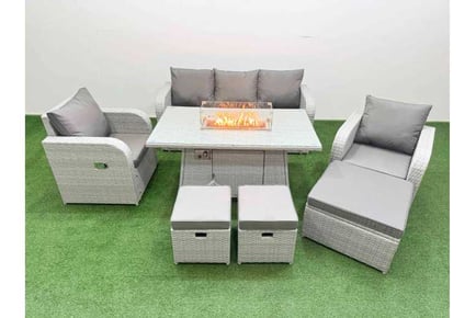 Rattan 7 Pieces Lounge Dining Set with Firepit & Arc Arm Sofa