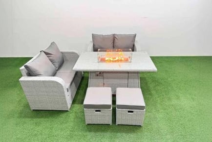 6 Seats Rattan Lounge Loveseat Sofa Set with Firepit Dining Table