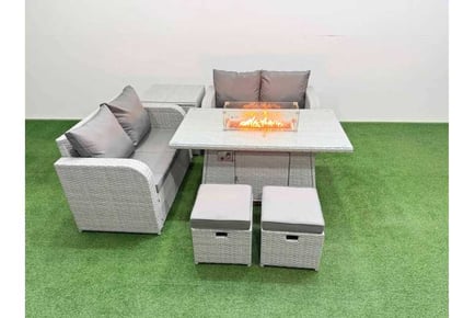 6 Seats Rattan Lounge Loveseat Sofa Set with Firepit Dining Table