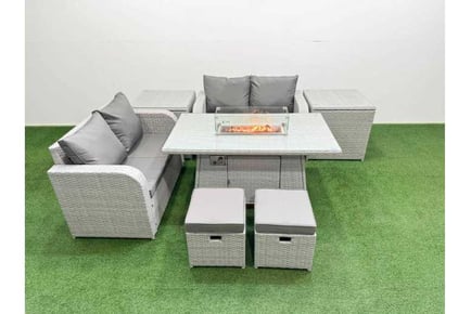 6 Seats Rattan Lounge Loveseat Sofa Set with Firepit Dining Table