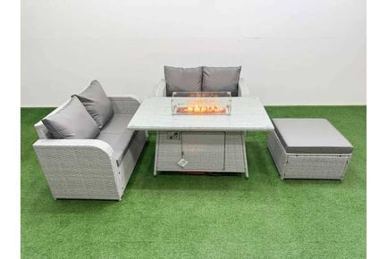 Rattan 5-Seater Garden Firepit Dining Set with Arc Arm Loveseat