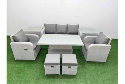 PE Rattan 8 Pieces Lounge Rising Table Set Slope Back Sofa