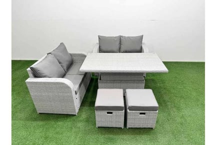 6 Seats Rattan Lounge Loveseat Sofa Set with Rising Table