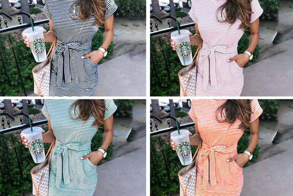 Summer-Striped-Short-Sleeve-T-Shirt-Dress-Casual-Tie-Waist-With-Pockets-lead-image