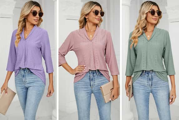 Sleeve Tunic Tops Eyelet V Neck Blouses Top-1