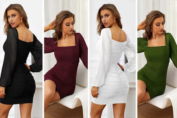 Womens-Sexy-Bodycon-Square-Neck-Ruched-Mini-Dress-1