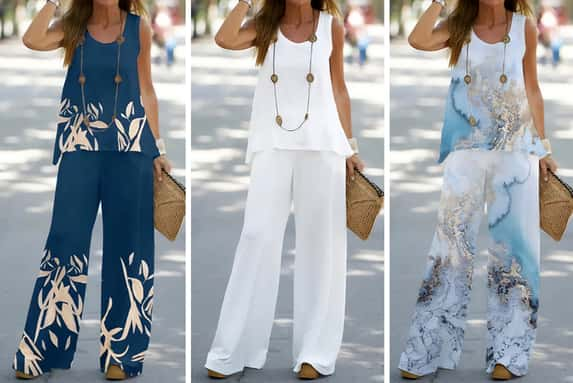 Women-Summer-Wide-Leg-Full-Long-Pant-T-Shirts-Suit-1