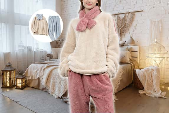 Women-Fluffy-Fleece-Pajamas-Sleepwear-Set-1