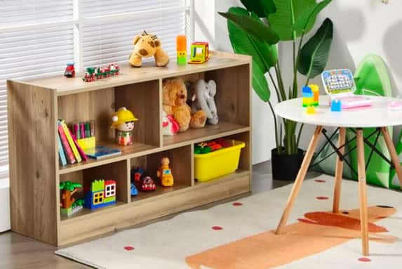 32135896-2-Tier-Wooden-Kids-Bookcase-with-5-Compartments-for-Playroom-Study-1