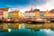 Copenhagen, Denmark, Stock Image - Colourful Boats and Houses