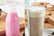 Bright pink strawberry milkshake in a milk bottle next to an image of a glass of chocolate milkshake