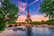 Paris Eiffel Tower and river Seine at sunset in Paris, France.