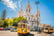 Yellow tram 28 on streets of Lisbon, Portugal