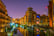 Night view of brick buildings alongside a water channel in the central Birmingham, England