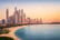 Sunset view of the Dubai Marina and JBR area and the famous Ferris Wheel and golden sand beaches in the Persian Gulf.