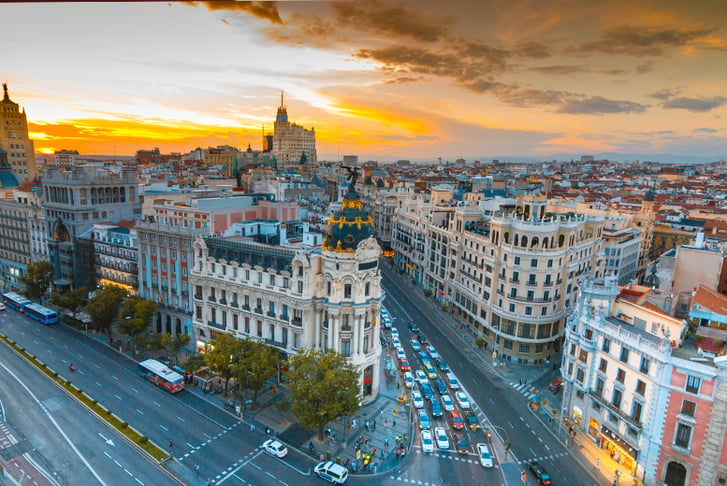 Madrid, Spain, Stock Image - Gran Via Sunset