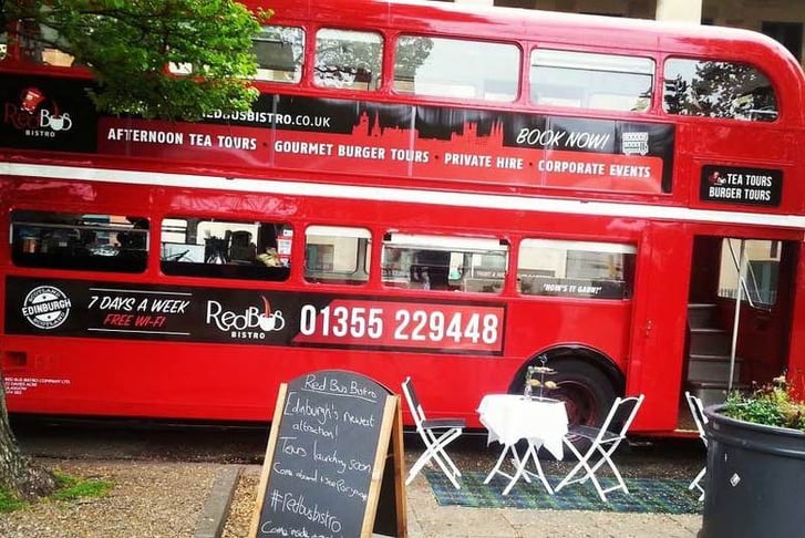 A double decker 'Red Bus Bistro' tour bus 