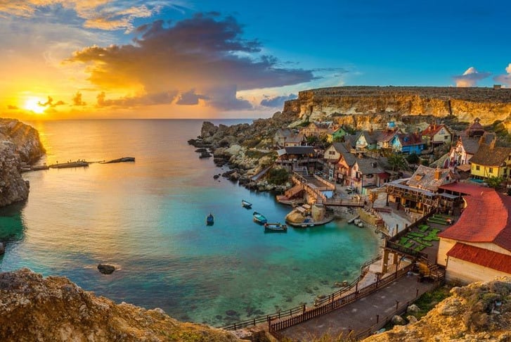 Mellieha Bay, Malta, Stock Image - Popeye Village