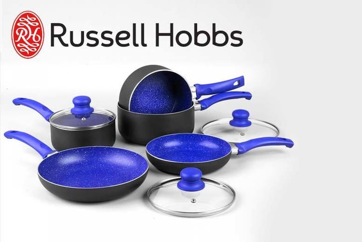 A blue Russell Hobbs induction pan set 