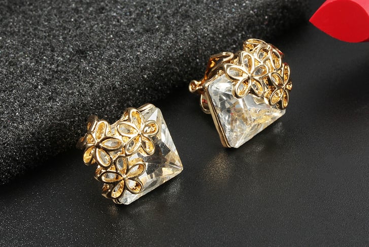 Gold-Tone-Plated-Flower-with-Square-Crystal-Earrings-3