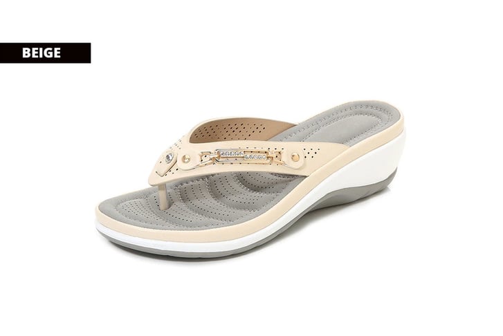 Leather-Women-Arch-Support-Soft-Flip-Flops-Sandals-Slippers-Shoes-BEIGE