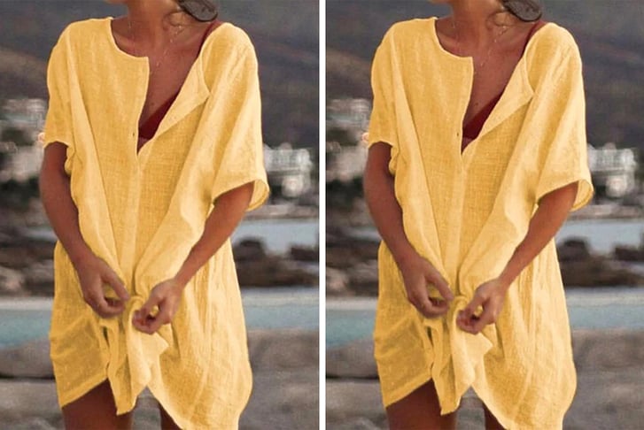 Women-Swimwear-Cover-up-Linen-Loose-Beach-Top-yellow