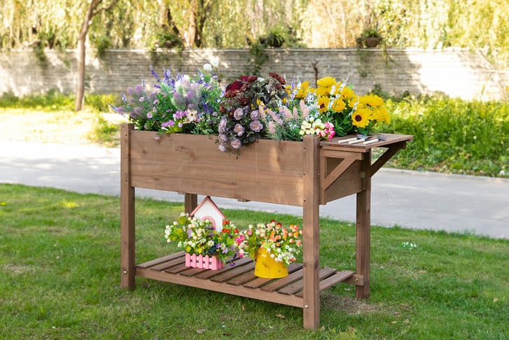 Outsunny Wooden Raised Garden Plant Stand w/ Shelf - Wowcher