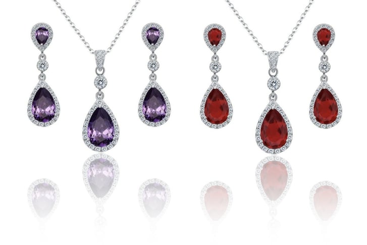 White-gold-finish-Amethyst-&-Red-Ruby-created-diamond-pearcut-necklace-and-earrings-set-1