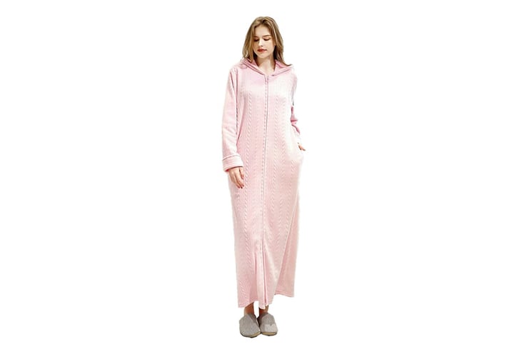 Long-Bathrobe-with-Front-Zipper-Hooded-Full-Length-Housecoat-Sleepwear-2