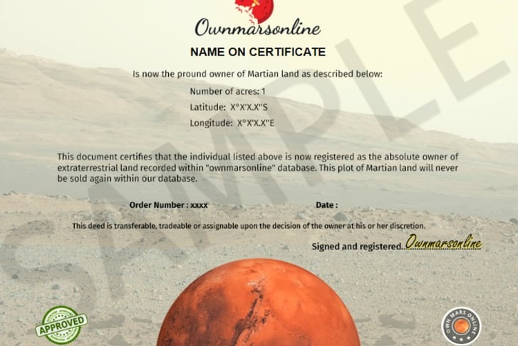 Novelty Acre on Mars Premium Package - Certificate & Location Map