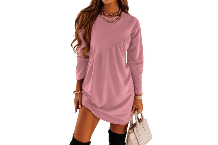 Solid-Long-Sleeve-Irregular-Dress-pink