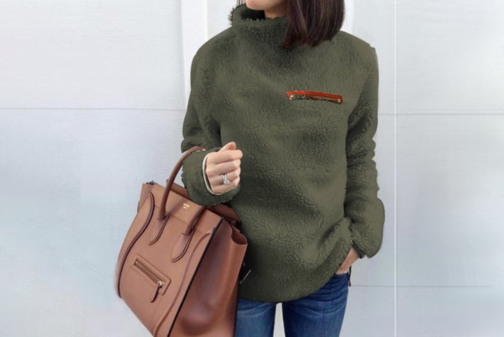 Womens-Fuzzy-Sherpa-Pullover-Sweaters- ARMY GREEN