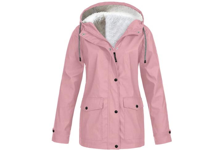 Women-Waterproof-Fleece-Hooded-Trench-Coat-Windbreaker-pink