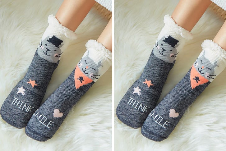 Women-Print-Fleece-Thick-Warm-Anti-Slip-Floor-Socks-GREY-CAT