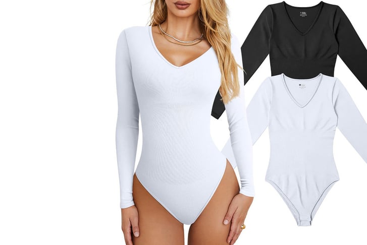 Womens Scoop Neck Long Sleeve Bodysuit Jumpsuits-2