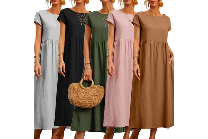 Women-Short-Sleeves-Linen-Solid-Casual-Maxi-Dress-2