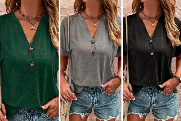 Women-Solid-Color-Button-V-Neck-Short-Sleeves-Tshirt-1