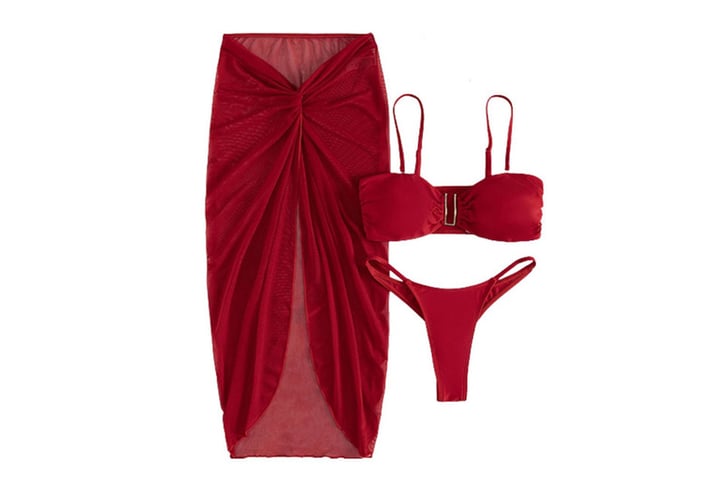 Split mesh long skirt bikini sexy swimsuit 2 red