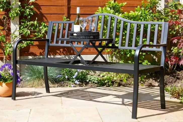 Black Garden Loveseat Bench with Pull Up Table Deal Outdoor