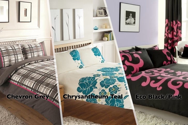 Three different bed sheet designs in grey, turquoise and pink