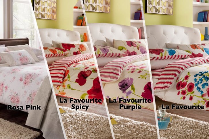 Four different bedding designs from pink to floral