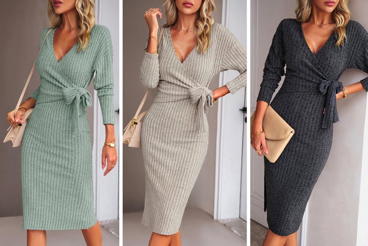 V-neck-Long-sleeved-Knitted-Strappy-Dress-1