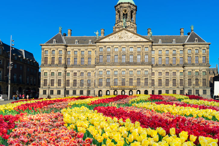 Koninklijk Paleis at Dam square in Amsterdam, Netherlands with tulips