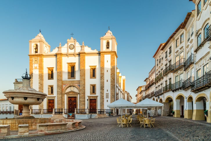 Giraldo Square and Antao Church in Evora, Portugal
