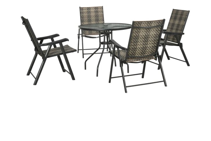 32911436-5-Pieces-Rattan-Dining-Sets,-80cm-Round-Glass-Top-Garden-Dining-Table-with-Umbrella-Hole-2