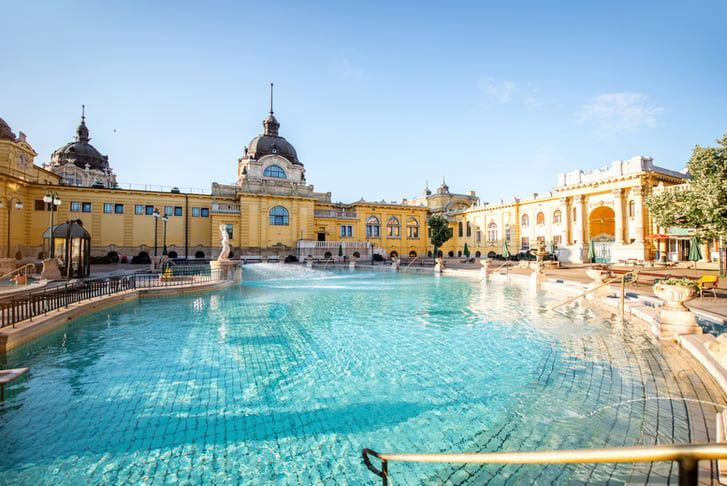 Szechenyi outdoor thermal baths during the morning light without people in Budapest, Hungary