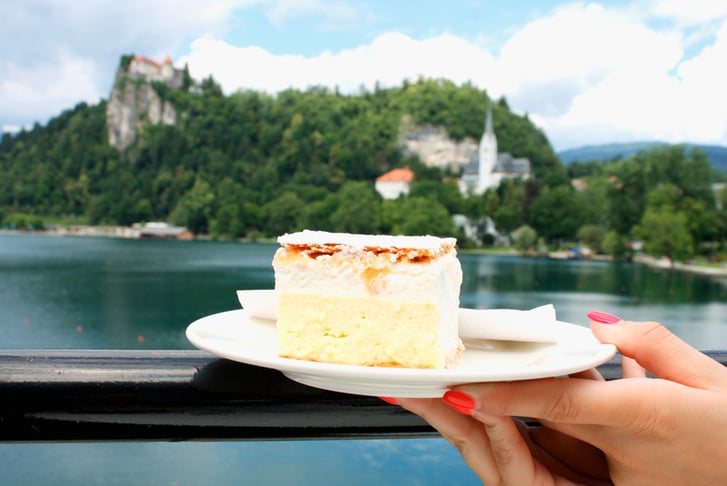 vanilla and custard cream cake on Bled lake in SLovenia